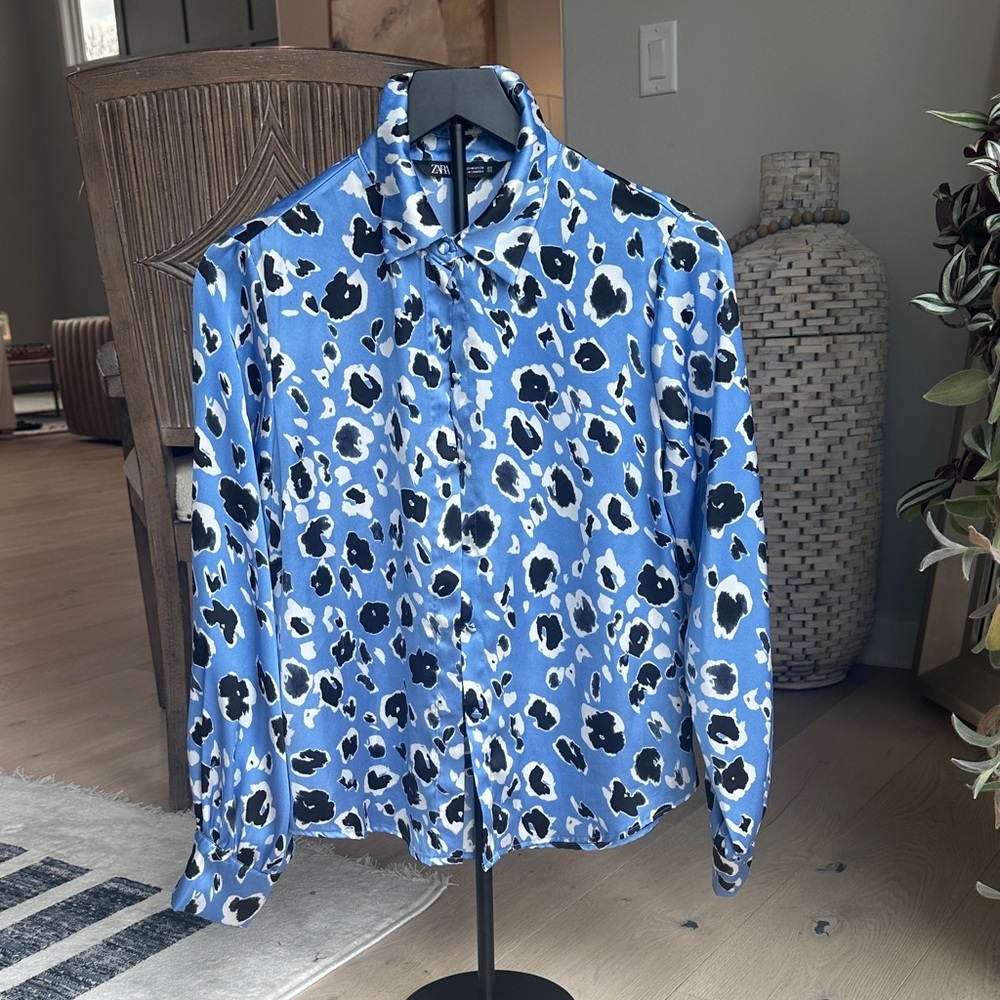 Zara Light Blue Black and White Leopard-Print Blouse